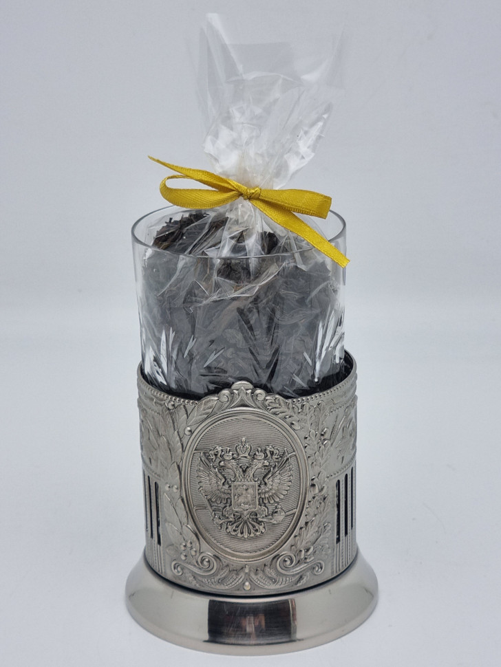 Подстаканник "Герб РФ" стакан хрусталь с черным чаем