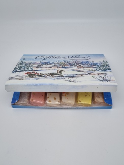 Набор 263 с Новым годом Сладости нуга и мальбан с чаем 300гр Набор 263 с Новым годом Сладости нуга и мальбан с чаем 300гр