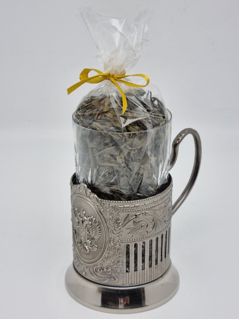 Подстаканник "Герб РФ" стакан хрусталь с зеленым чаем