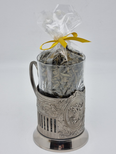 Подстаканник "Герб РФ" стакан хрусталь с зеленым чаем