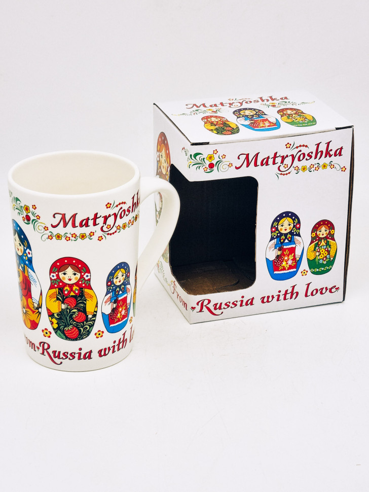 Кружка фарфор матов "Матрешка" цветн рисунок, белая