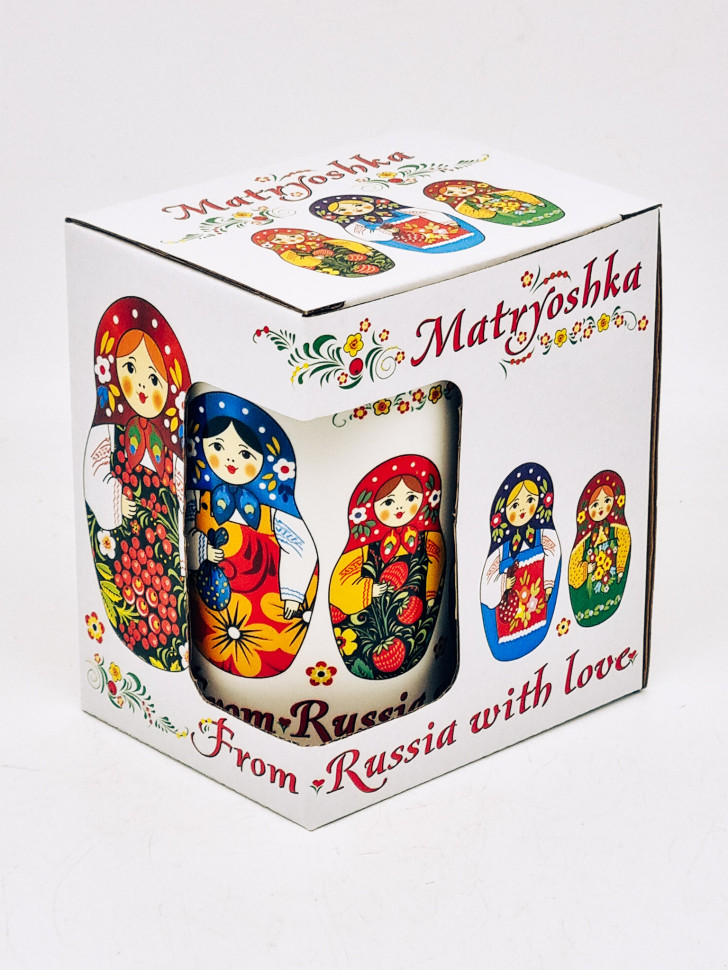 Кружка фарфор матов "Матрешка" цветн рисунок, белая