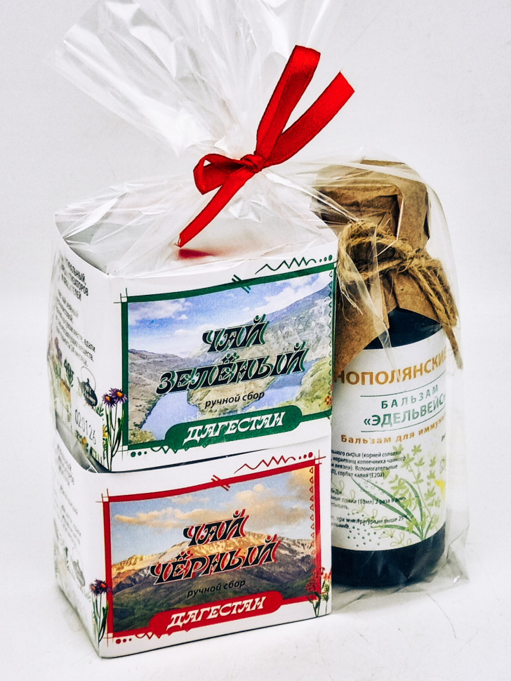 Набор чай черный р/с 35гр + чай зеленый р/с 40гр и бальзам Краснополянские травы Дагестан