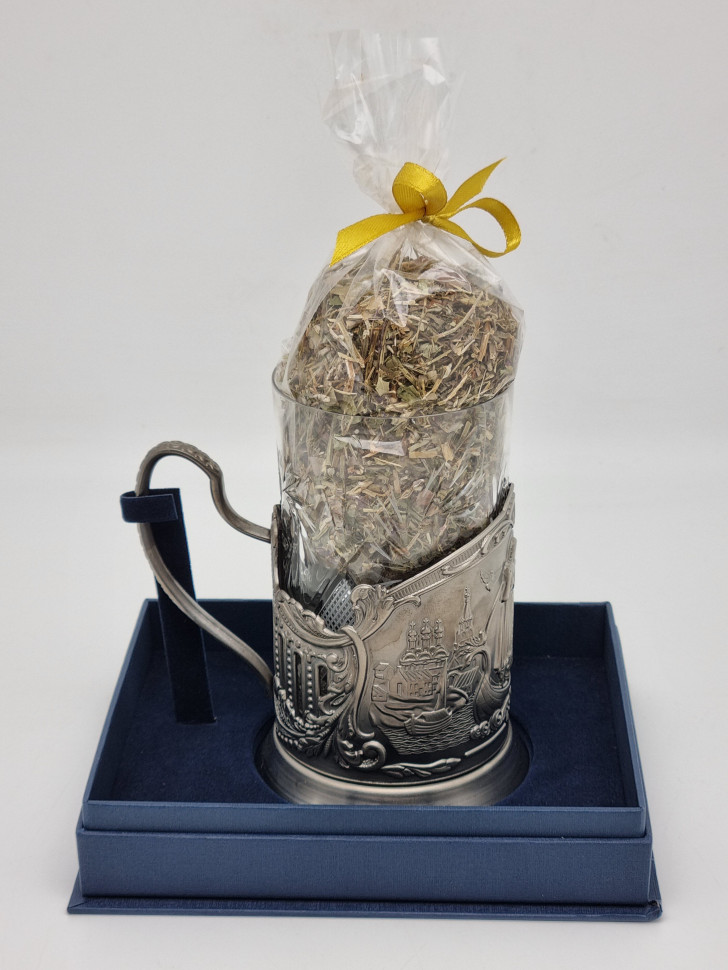 Подстаканник "Петр и Феврония" стакан хрусталь с Краснополянским чаем в футляре