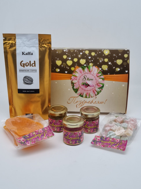 Набор Праздничный кофе, мёд, конфитюр, манго, лукум, с 8 марта