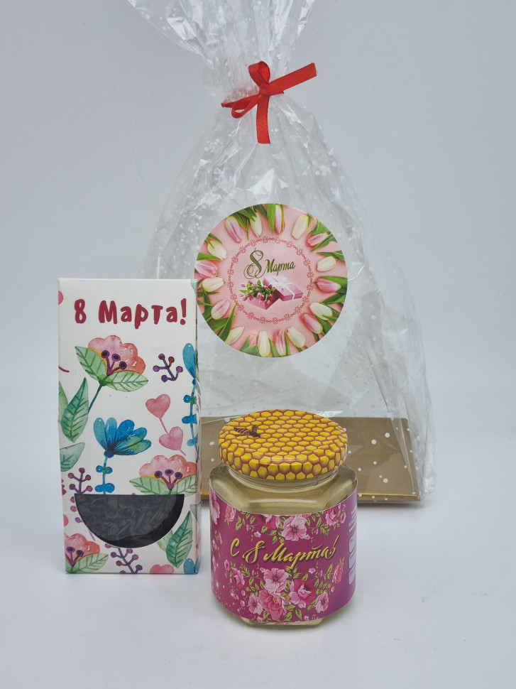 Подарочный набор с 8 марта чай черный 50г и мед акация 250гр