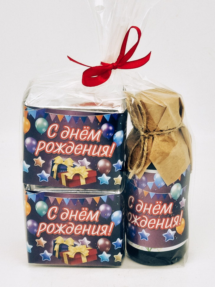 Подарочный набор с днем рождения чай черный 35гр, чай зеленый 40гр и бальзам Краснополянские травы