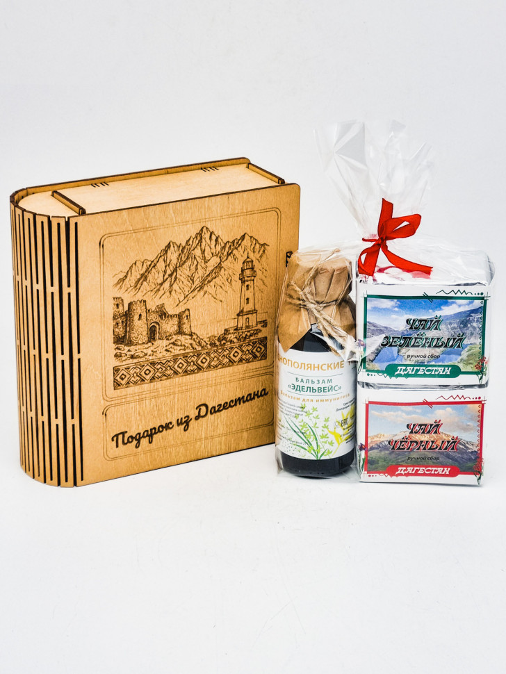 Набор в книжке чай черный р/с 35гр + чай зеленый р/с 40гр и бальзам Краснополянские травы Дагестан