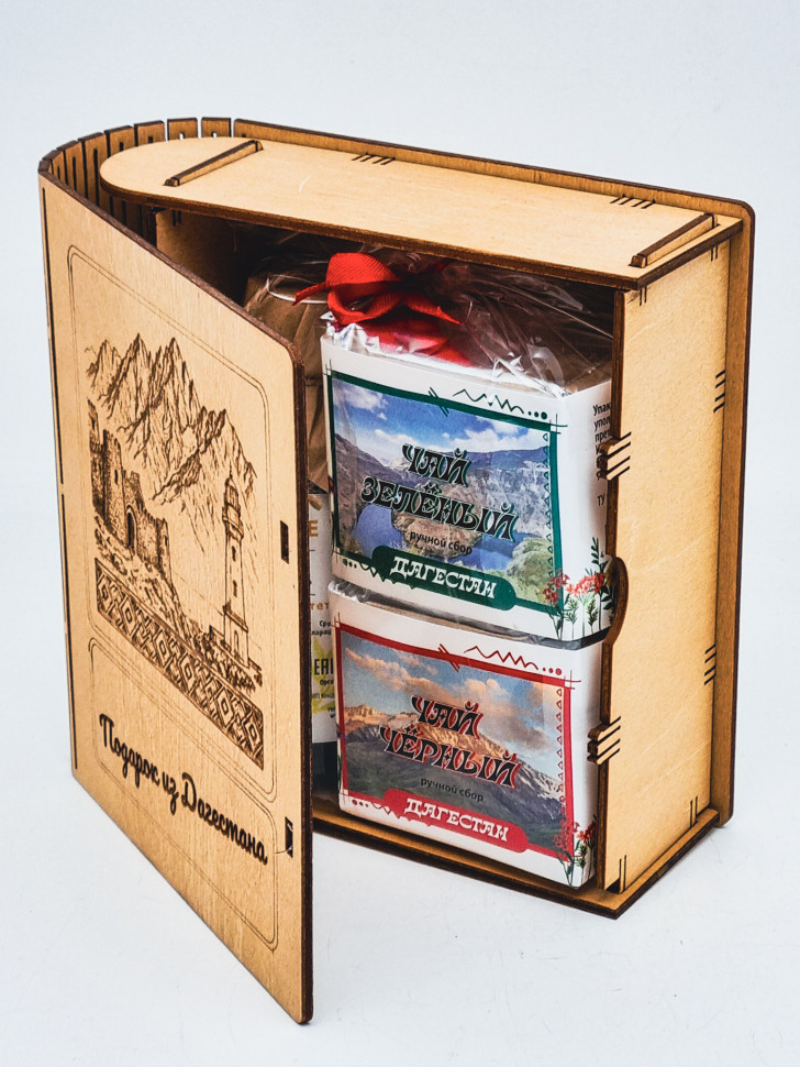 Набор в книжке чай черный р/с 35гр + чай зеленый р/с 40гр и бальзам Краснополянские травы Дагестан