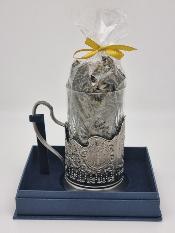 Подстаканник "Штурвал" стакан хрусталь с зеленым чаем в футляре