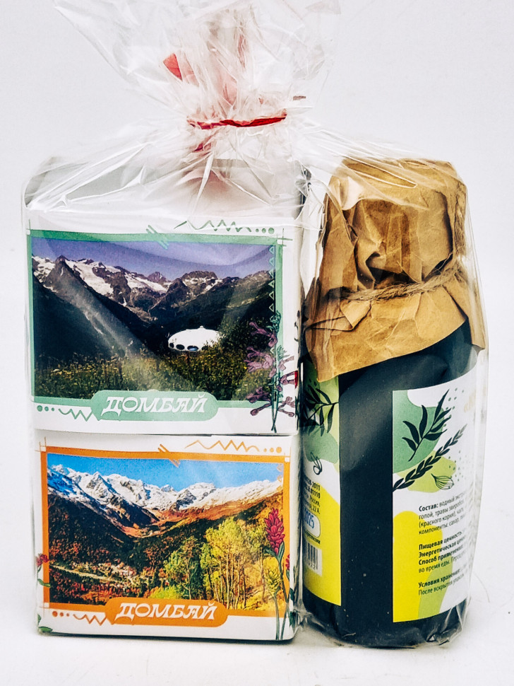 Набор Домбай чай перевальный 40гр+чай высокогорный 40гр и бальзам Краснополянские травы